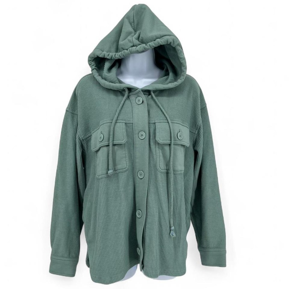 American Eagle Sage Green Hooded Corduroy Button-Up Shacket Size S